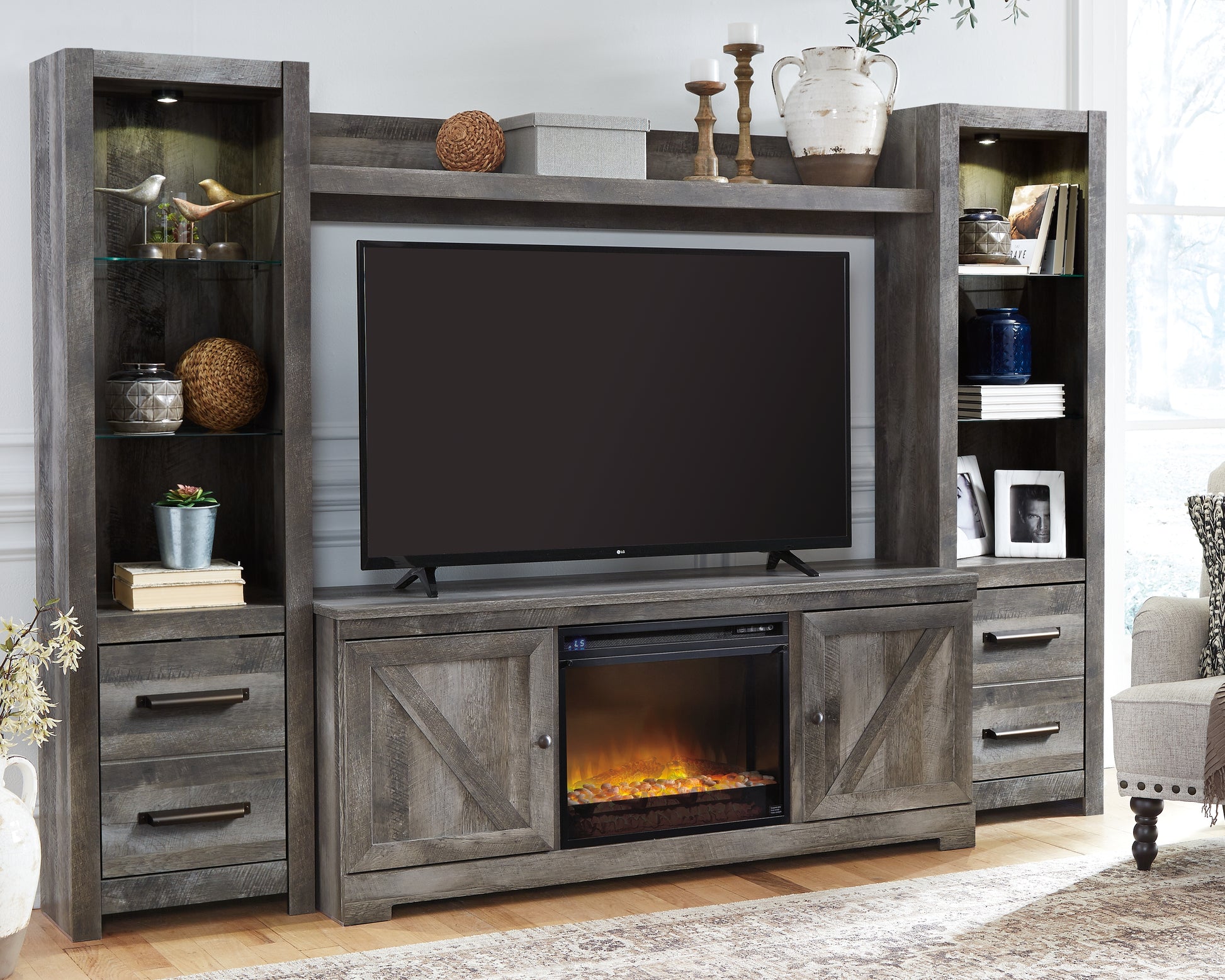 Orange Furniture Outlet - Ashley Furniture - Wynnlow 4-Piece Entertainment Center with Electric Fireplace - 4-Piece Entertainment Center with Electric Fireplace / Gray - W440W5