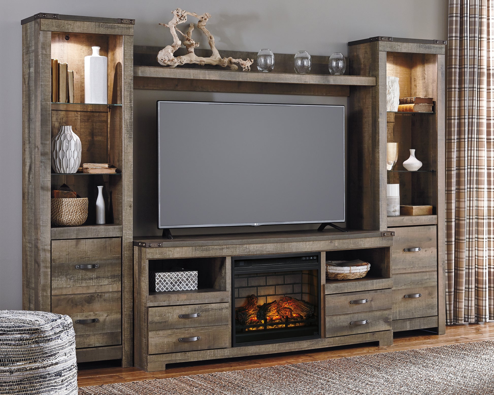 Orange Furniture Outlet - Ashley Furniture - Trinell 4-Piece Entertainment Center with Electric Fireplace - 4-Piece Entertainment Center with Electric Fireplace / Brown - W446W8