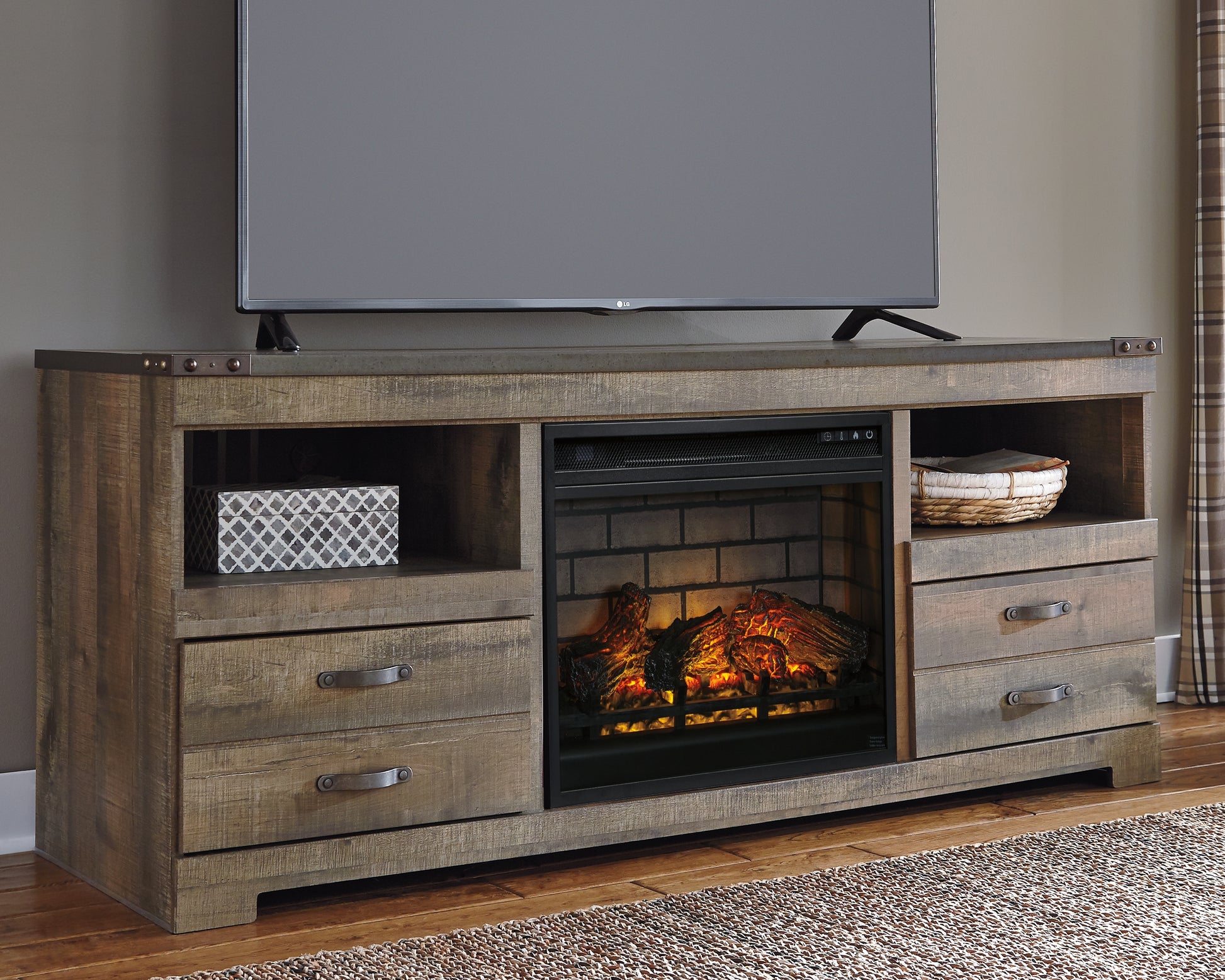 Orange Furniture Outlet - Ashley Furniture - Trinell 63" TV Stand with Electric Fireplace - 63" TV Stand with Electric Fireplace / Brown - W446W9