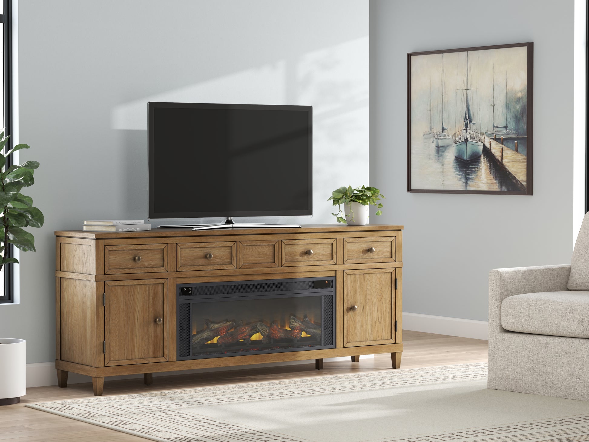 Orange Furniture Outlet - Ashley Furniture - Sharlance 81" TV Stand with Electric Fireplace - 81" TV Stand with Electric Fireplace / Light Brown - W655W1