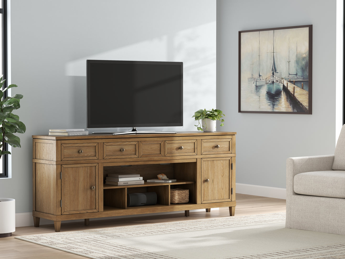 Orange Furniture Outlet - Ashley Furniture - Sharlance 81" TV Stand - 81" / Light Brown - W655-68