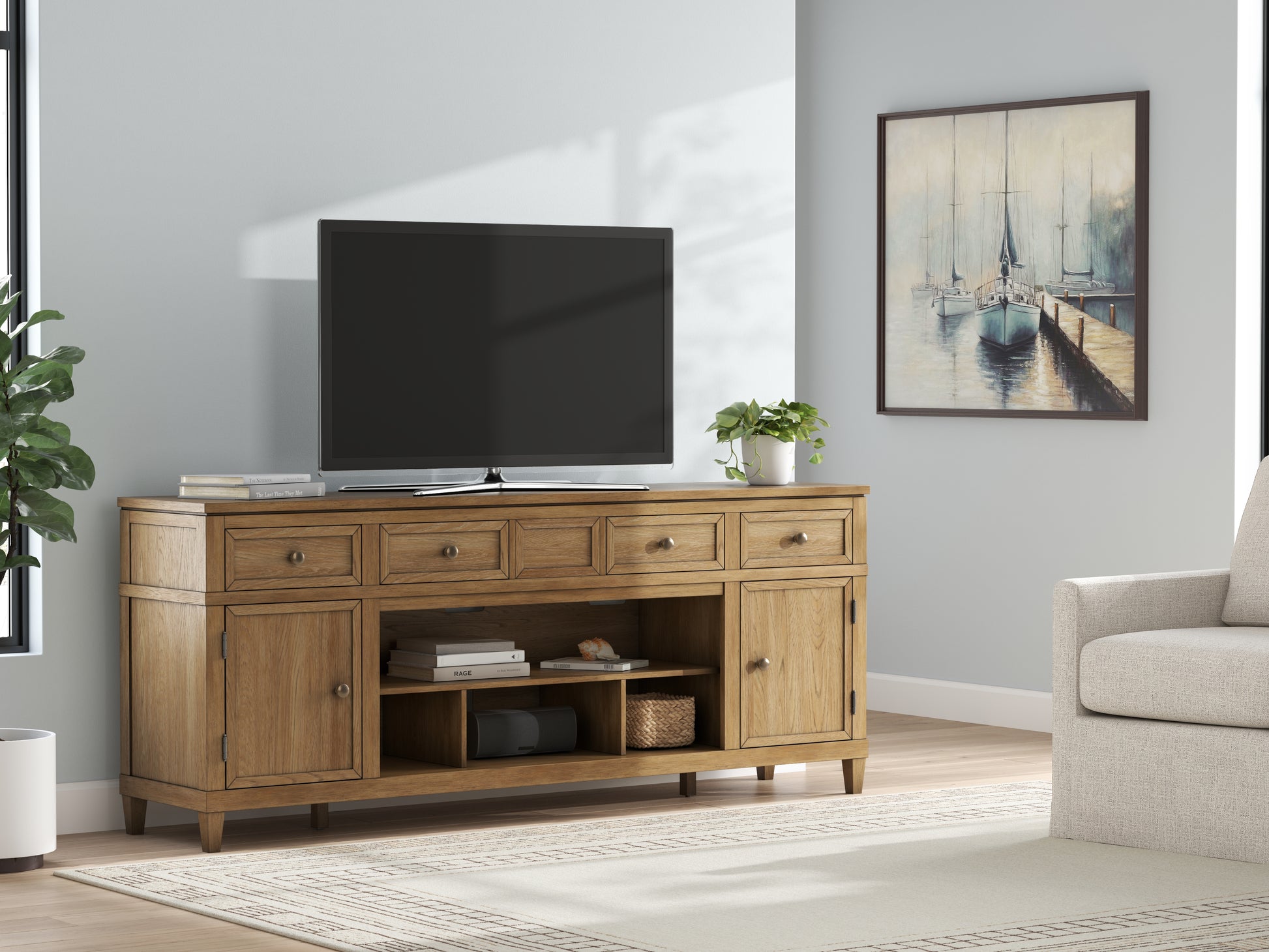 Orange Furniture Outlet - Ashley Furniture - Sharlance 81" TV Stand - 81" / Light Brown - W655-68