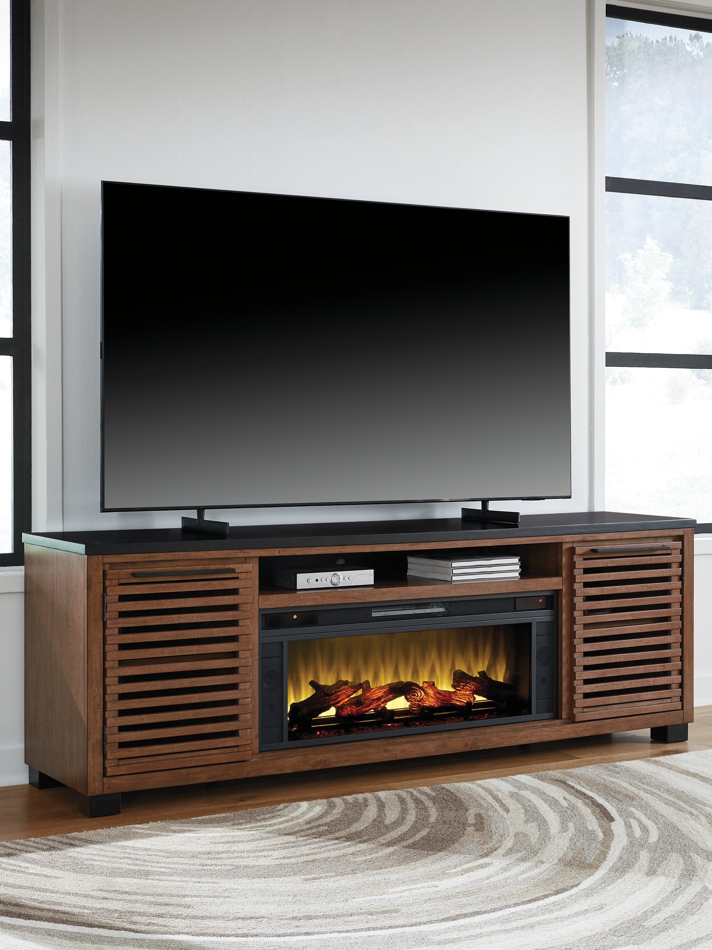 Orange Furniture Outlet - Ashley Furniture - Kallari 84" TV Stand with Electric Fireplace - 84" TV Stand with Electric Fireplace / Warm Brown/Black - W737W1